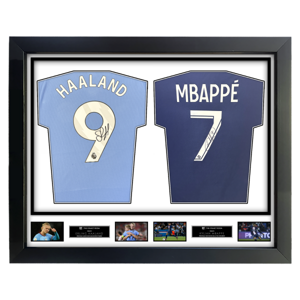 Erling Haaland Signed Manchester City & Kylian Mbappé Signed PSG Jerseys in Dual Frame